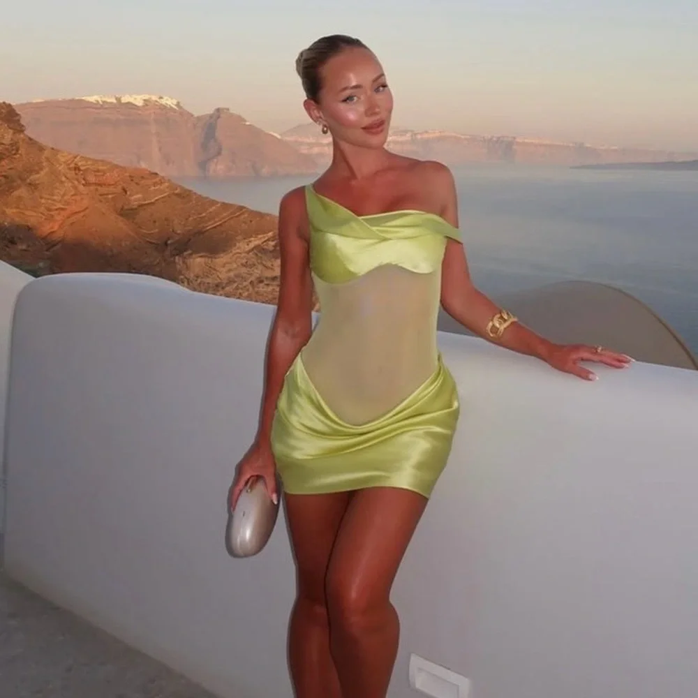 NEW Natalie Rolt Elodie Mini Dress (Sz 2 / US 6) Silk Satin Mesh Chartreuse - Picture 5 of 14